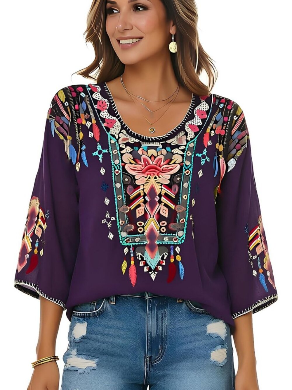 Embroidered Boho Floral Blouse - Women's Traditional Mexican Fiesta Top